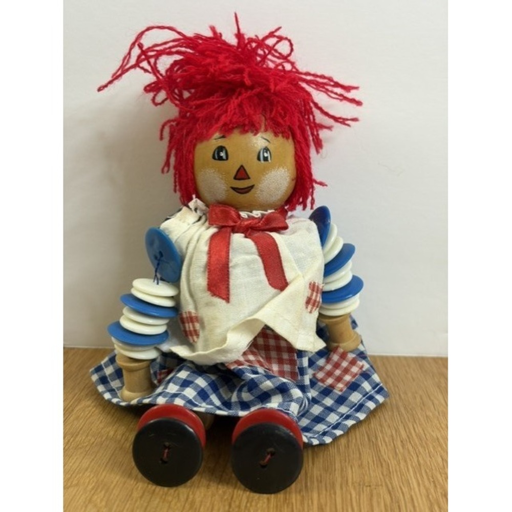 Terrys Village Wooden Spool Button Doll Red Blue Gingham Good Folk Art 7in